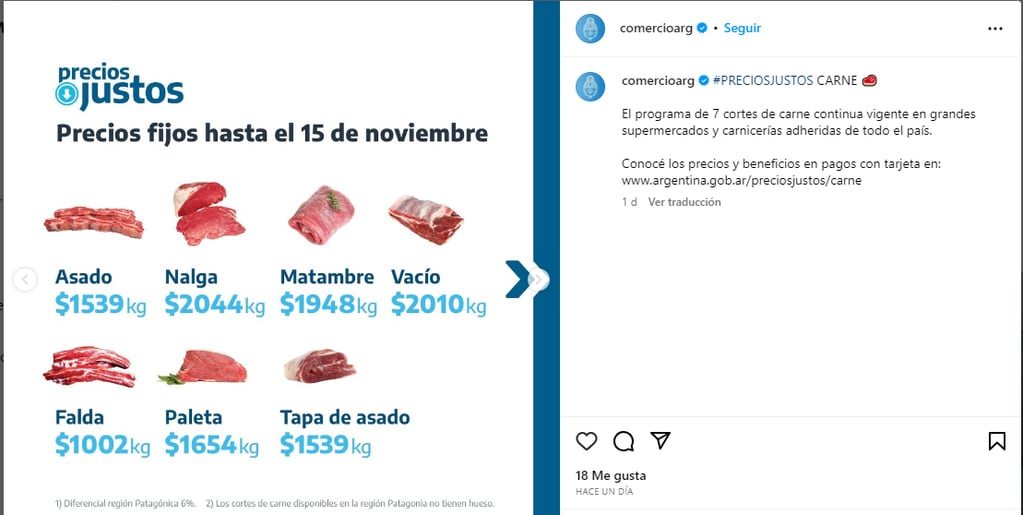 Así quedaron los precios de los siete cortes de carne elegidos en el programa Precios Justos y que estarán congelados hasta el 15 de noviembre.