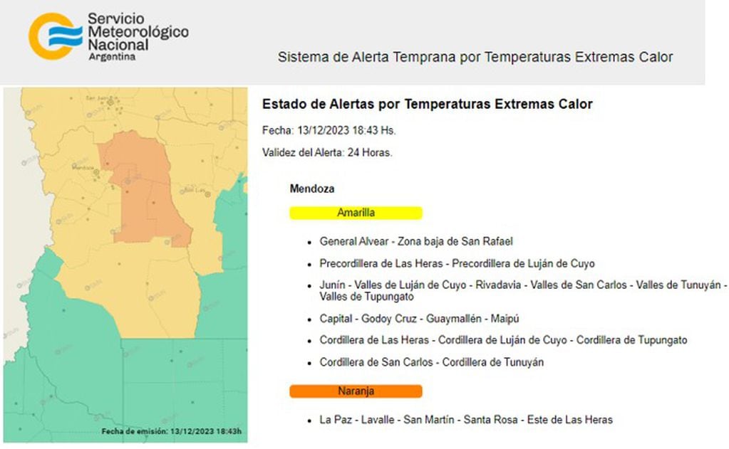 Alerta de temperaturas extremas del Servicio Meteorológico Nacional.
