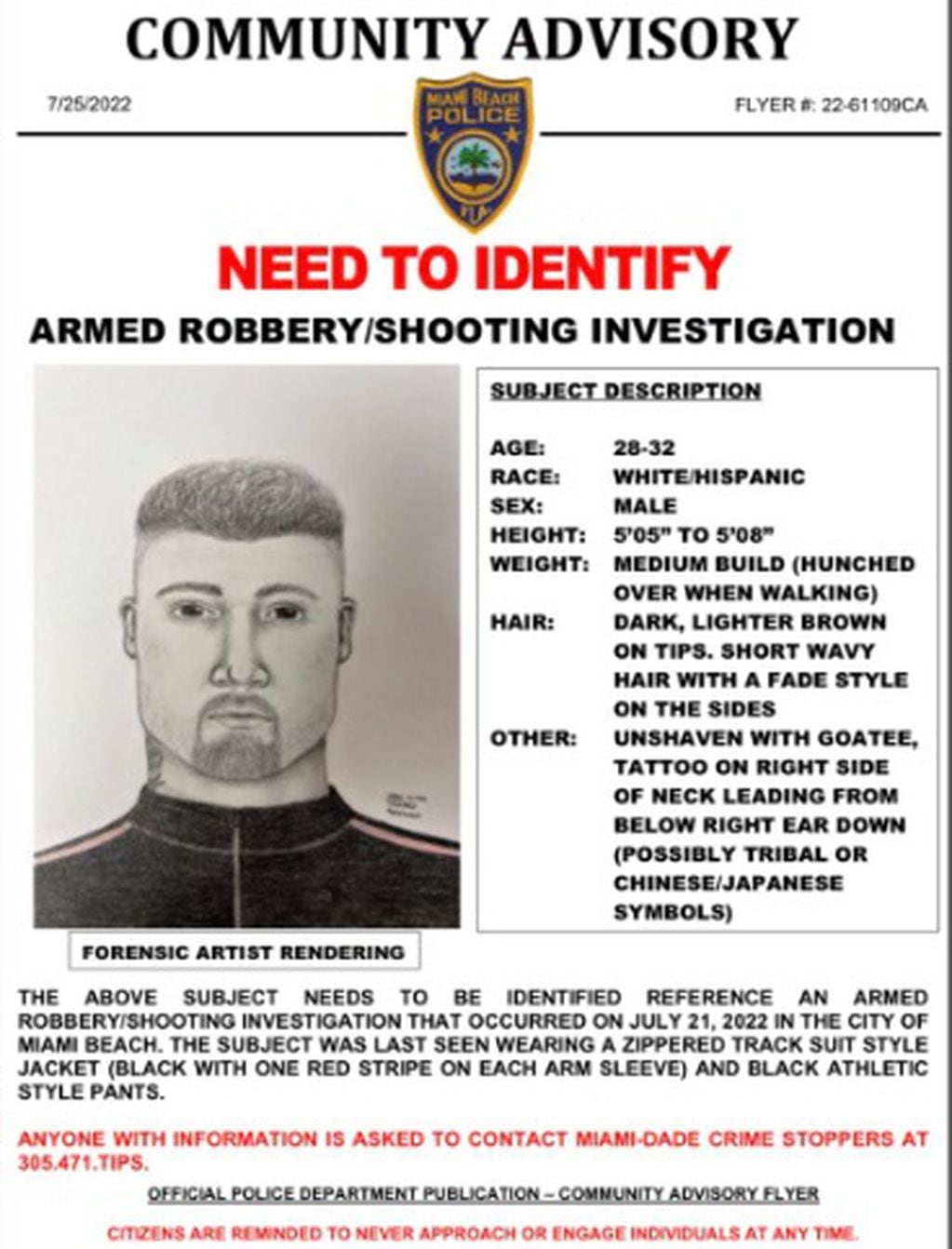 El identikit del sospechoso de disparar al joven argentino Ignacio Gallardo en Miami (Gentileza)
