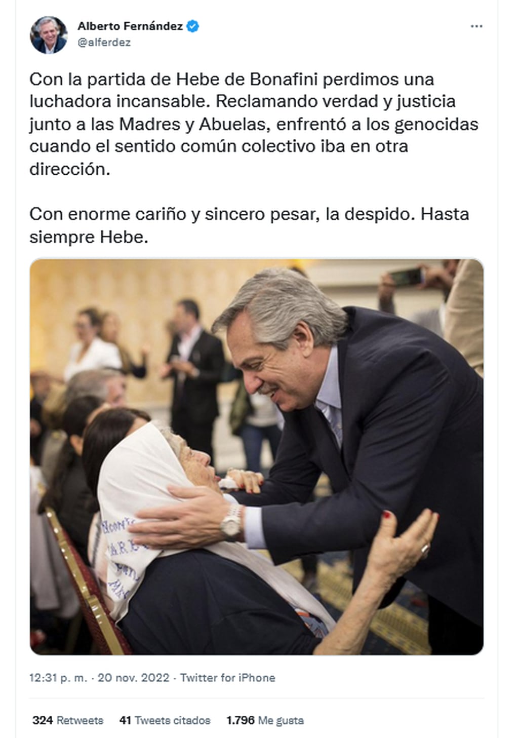 Alberto Fernández despidió en las redes a la referente de los Derechos Humanos. Twitter.