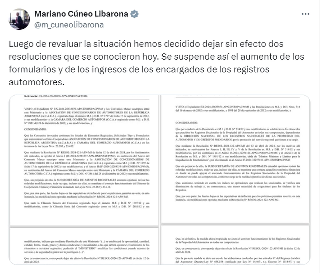 El ministro de Justicia hizo el anuncio en X - Mariano Cúneo Libarona