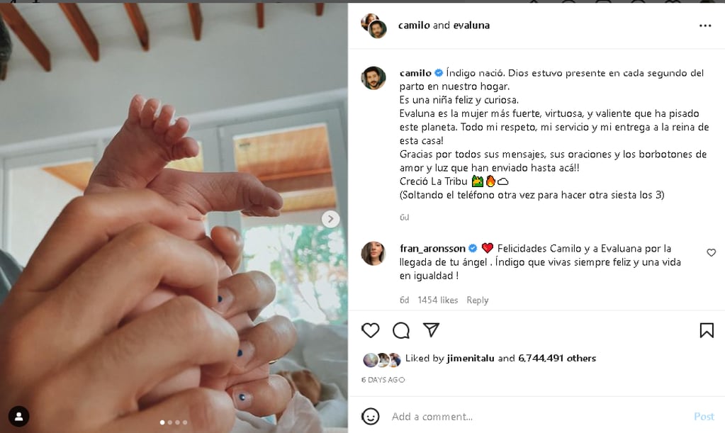 Camilo posteó el nacimiento de su hija Índigo.