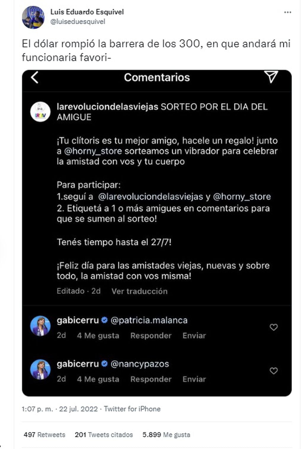 Indignación en redes por Gabriela Cerruti participando del sorteo de un juguete sexual en Instagram (Captura Twitter)