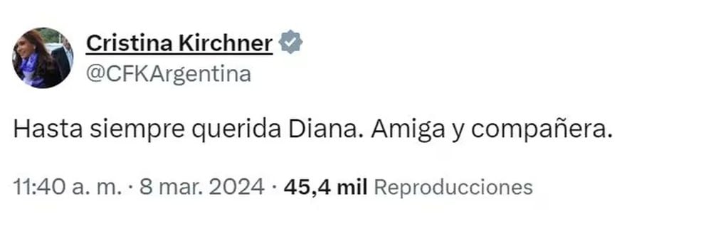 Cristina Fernández de Kirchner y su mensaje por el fallecimiento de Diana Conti