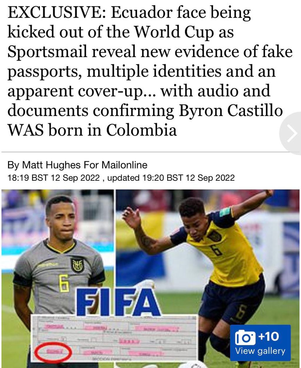 Ecuador podría ser expulsada del Mundial de Qatar por la falsificación de identidad de Byron Castillo.