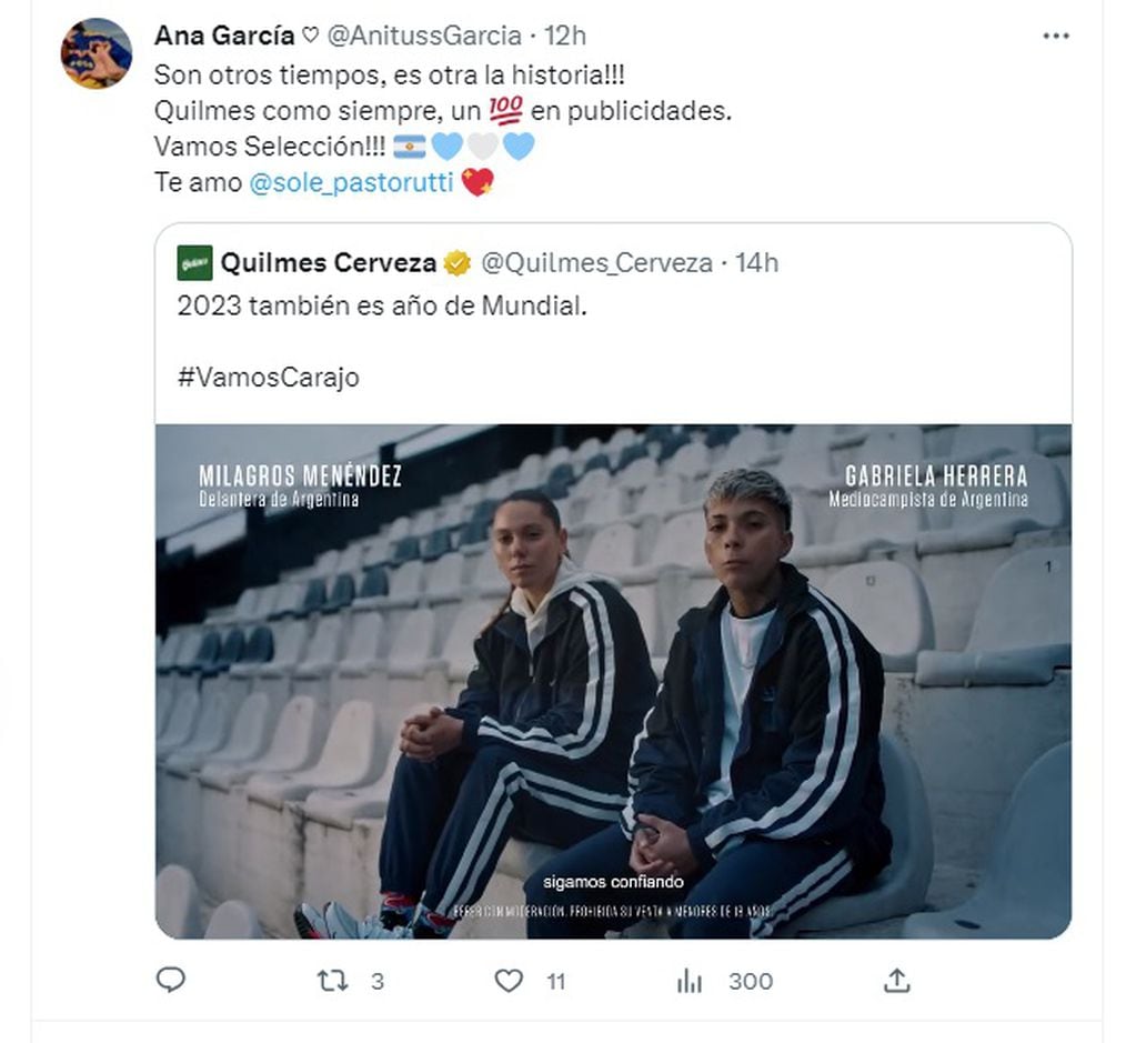 Con la voz de la Sole, el spot de Quilmes para la Selección Femenina emocionó a las redes (Twitter)