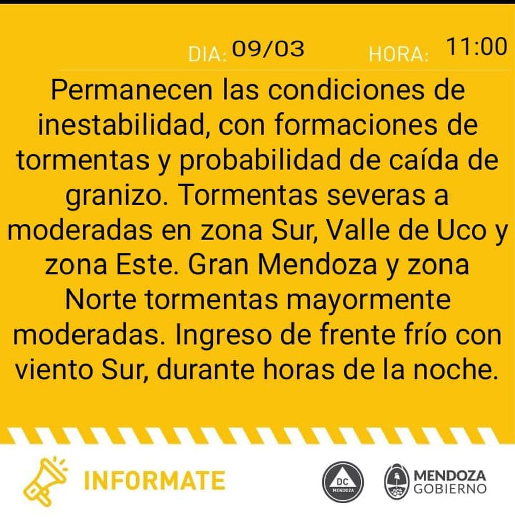Defensa Civil emitió alerta por tormentas con granizo en Mendoza