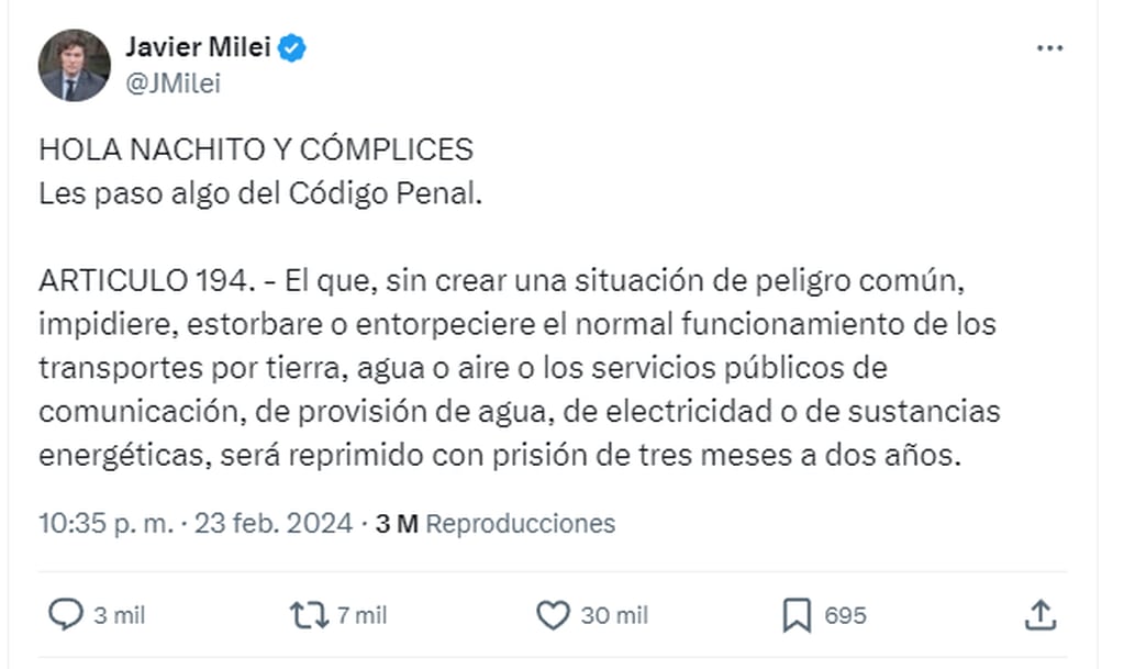El tuit de Javier Milei dirigido para Nacho Torres