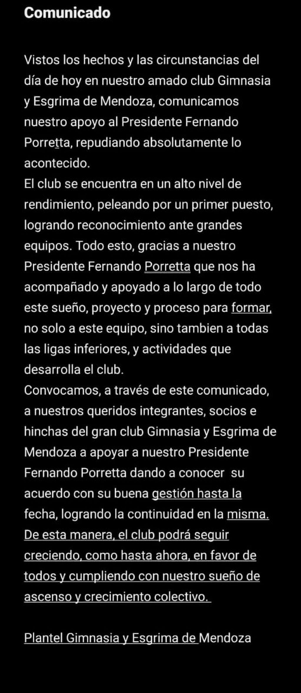 Los jugadores se solidarizaron con el presidente Fernando Porreta / Prensa Gimnasia.