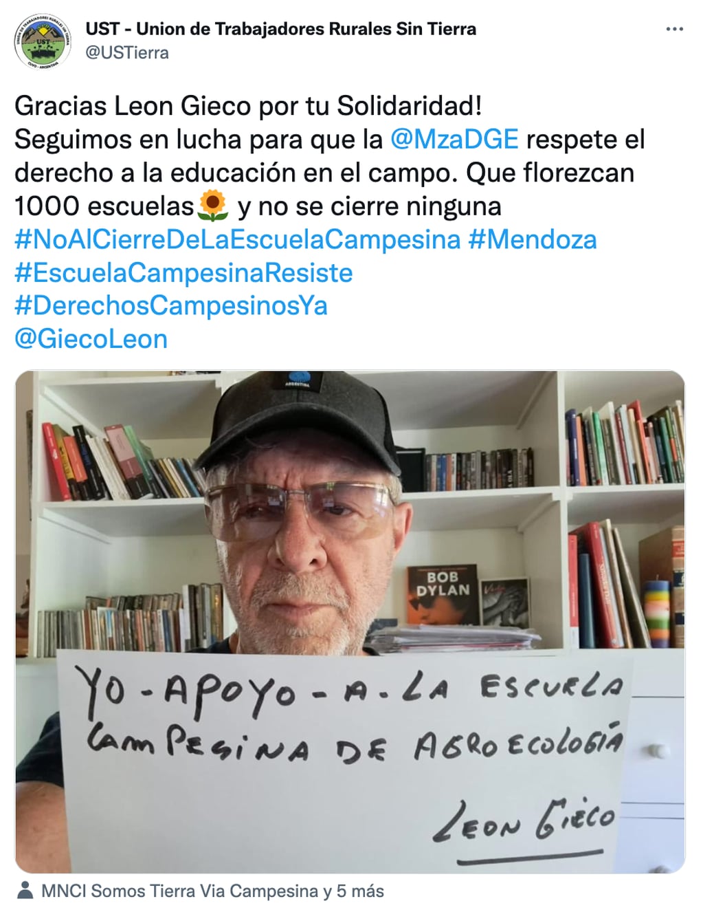 León Gieco apoyó la lucha de la escuela de agroecología de Lavalle para evitar el cierre. Foto: Twitter