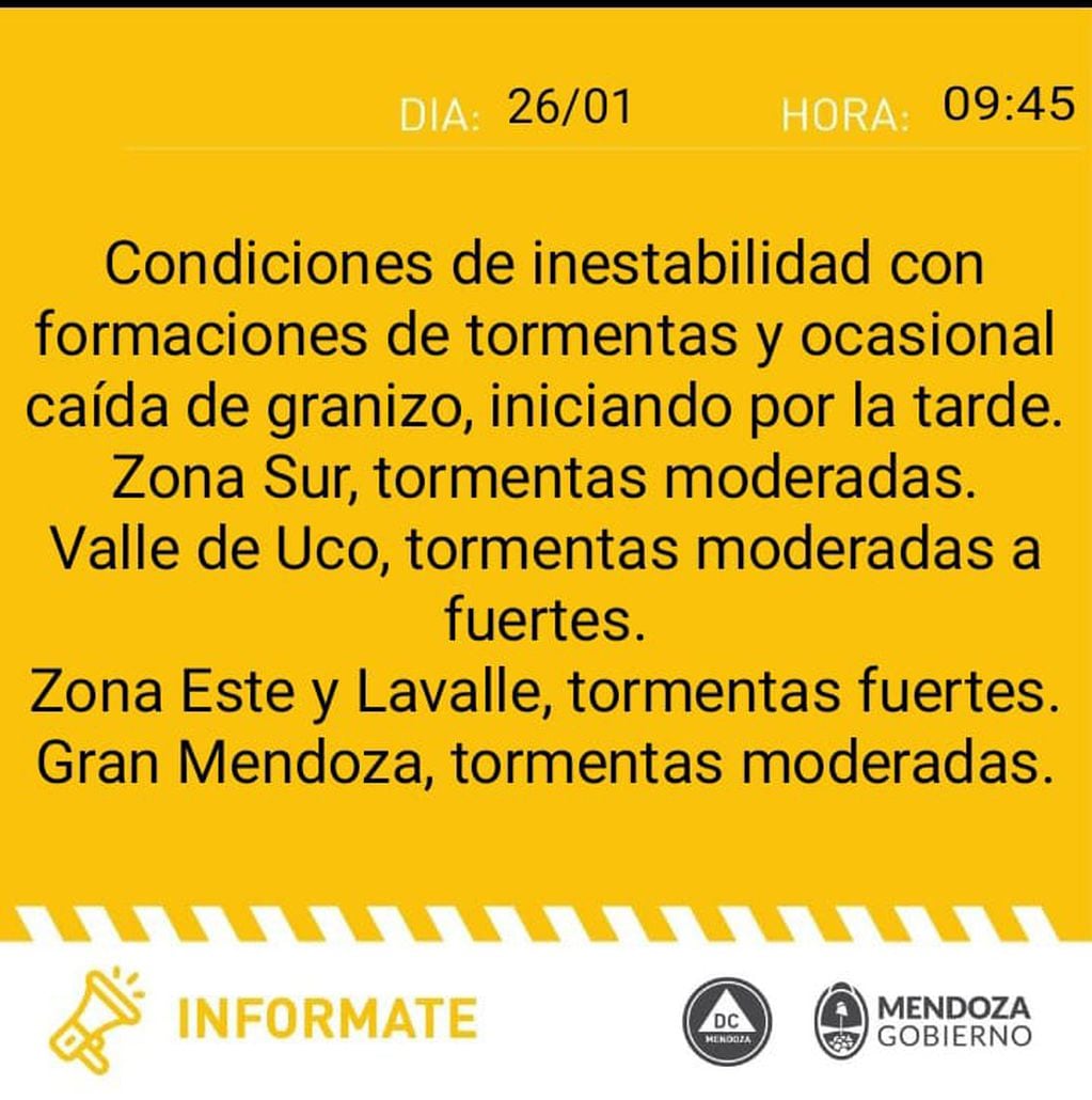 Defensa Civil alertó por tormentas moderadas en el Gran Mendoza (26/01/23)