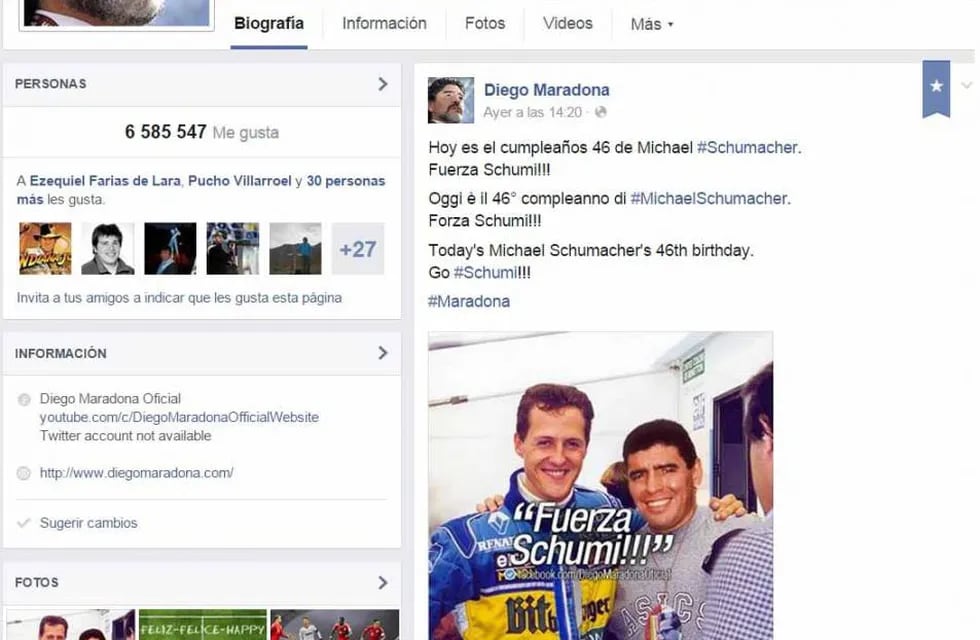 Diego Maradona saludó por facebook a Schumacher por su cumpleaños