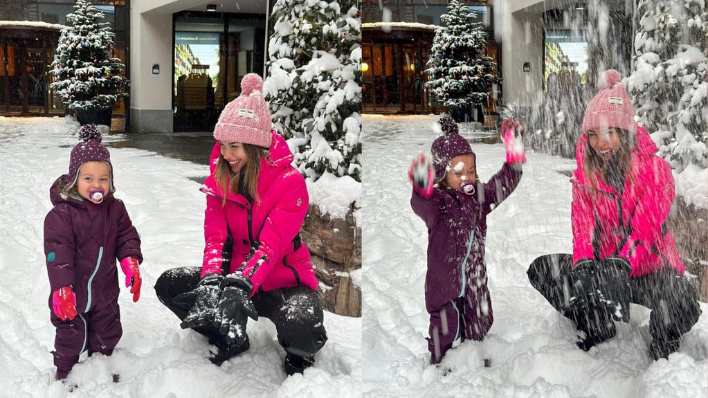 Agustina Gandolfo y Nina Martínez combinando sus outfits y jugando en la nieve.