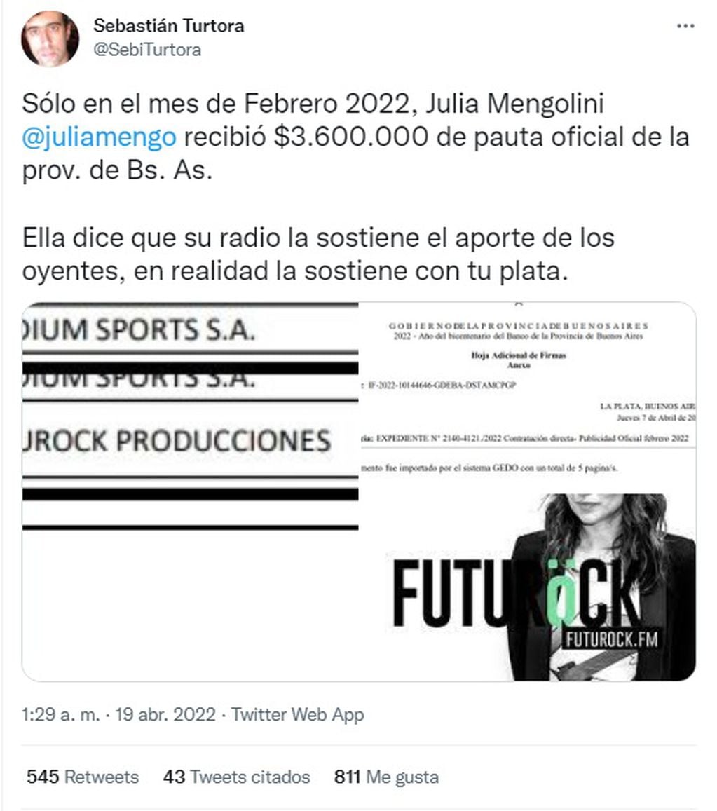 El tuit de Sebastián Turtora acusando a Mengolini