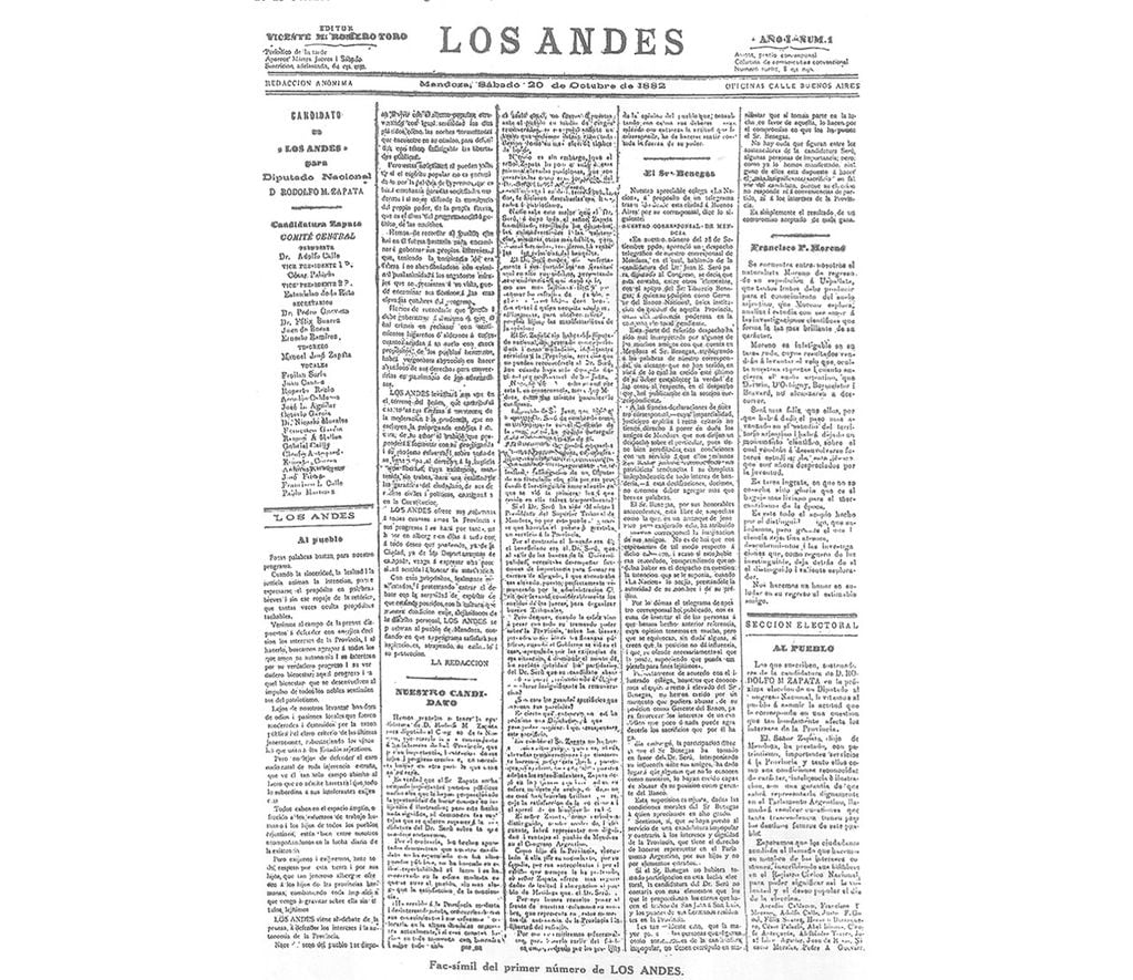 Primera edición de Los Andes, 20 de octubre de 1883.