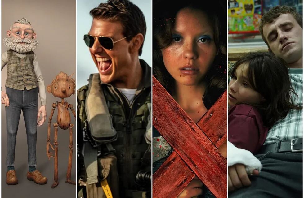 Las 15 mejores películas de 2022. En la foto, de izquierda a derecha: Pinocho de Guillermo del Toro, Top Gun: Maverick, X y Aftersun.