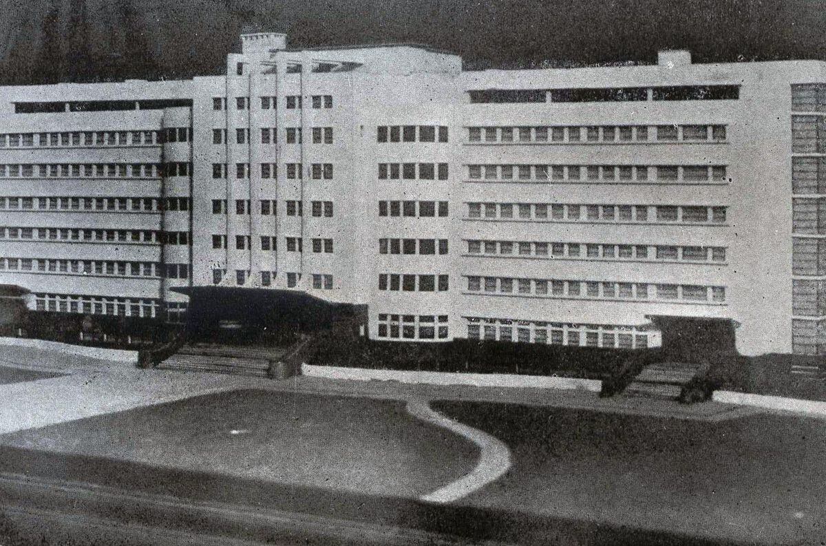 Maqueta del hospital, publicada en una de las memorias de gobierno de Rodolfo Corominas Segura, 1938.