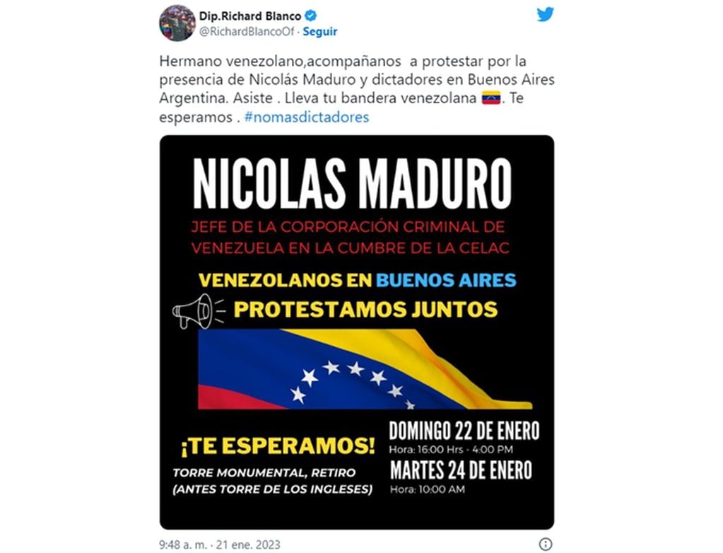 Convocatoria a la protesta del diputado venezolano Richard Blanco. Foto: Captura Twitter.