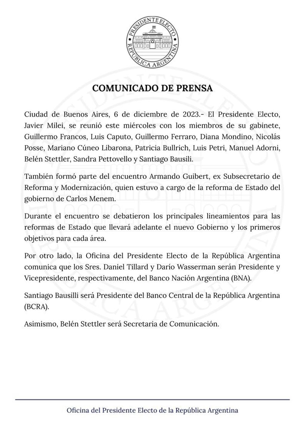 El comunicado de prensa del presidente electo Javier Milei. Foto: X. 