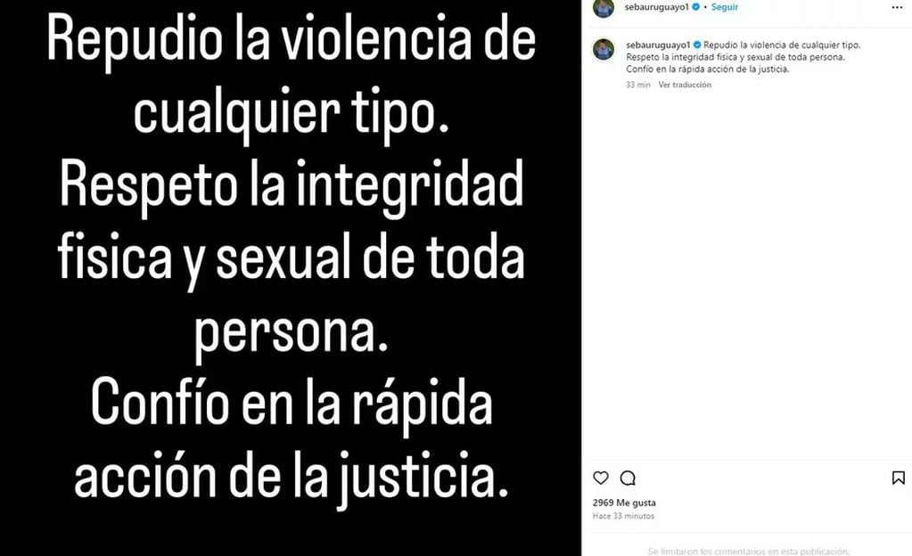 La publicación de Instagram de Sosa, tras la denuncia por abuso sexual.