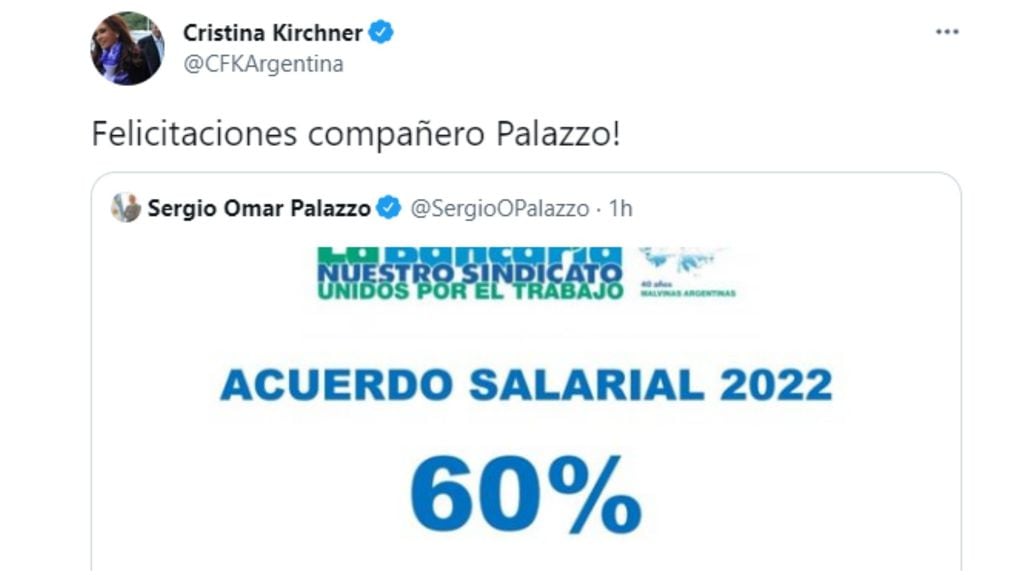 El mensaje de Cristina Kirchner en Twitter.