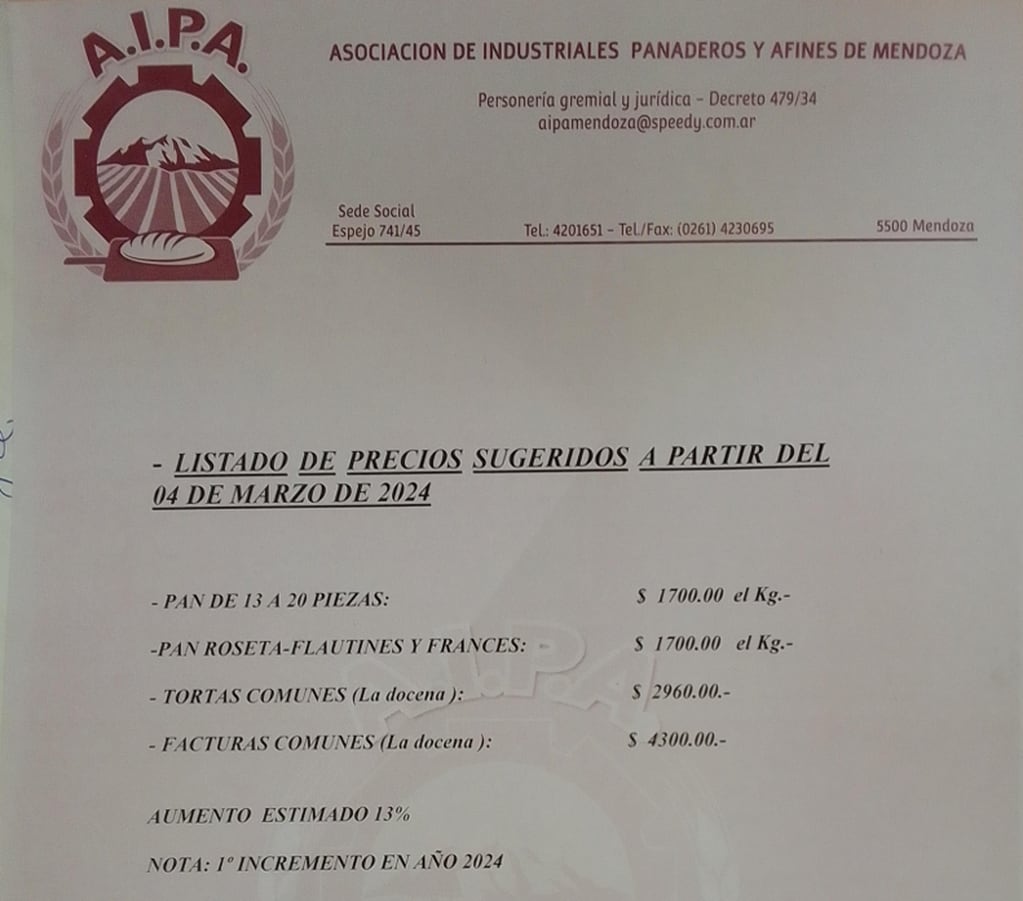 Comunicado de la Asociación de industriales panaderos y afines de Mendoza. Imagen: AIPA
