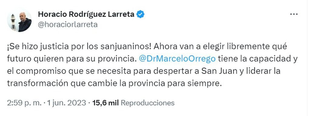 Tuit del Jefe de Gobierno porteño, Horacio Rodríguez Larreta.