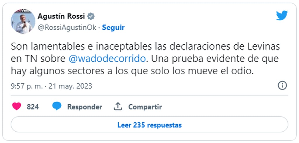 Agustín Rossi repudió la declaración de Gabriel Levinas. Foto: Twitter/@RossiAgustinOk
