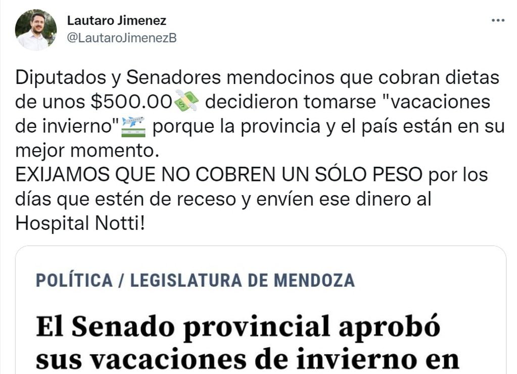 El ex legislador Lautaro Jiménez pide la donación del dinero de las vacaciones de los legisladores al Hospital Notti.