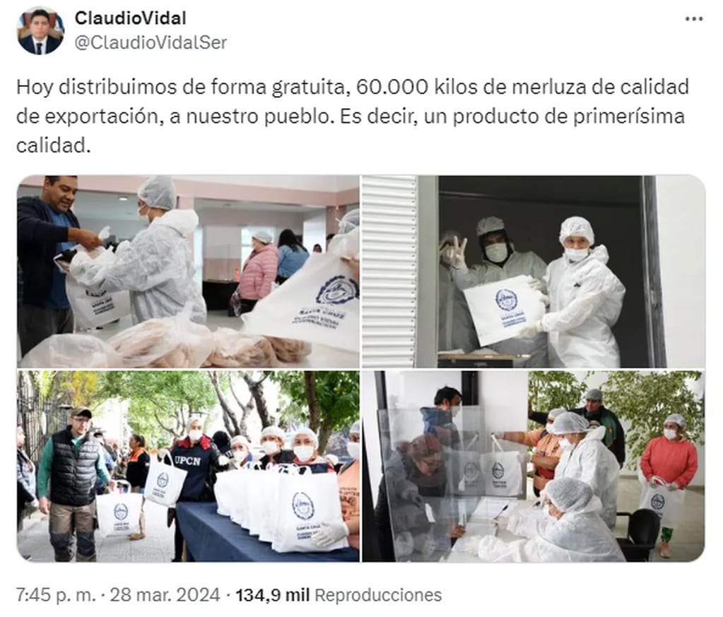 El gobernador de Santa Cruz entregó 60.000 kilos de merluza y generó rechazo en sectores opositores. Gentileza: X @ClaudioVidalSer.