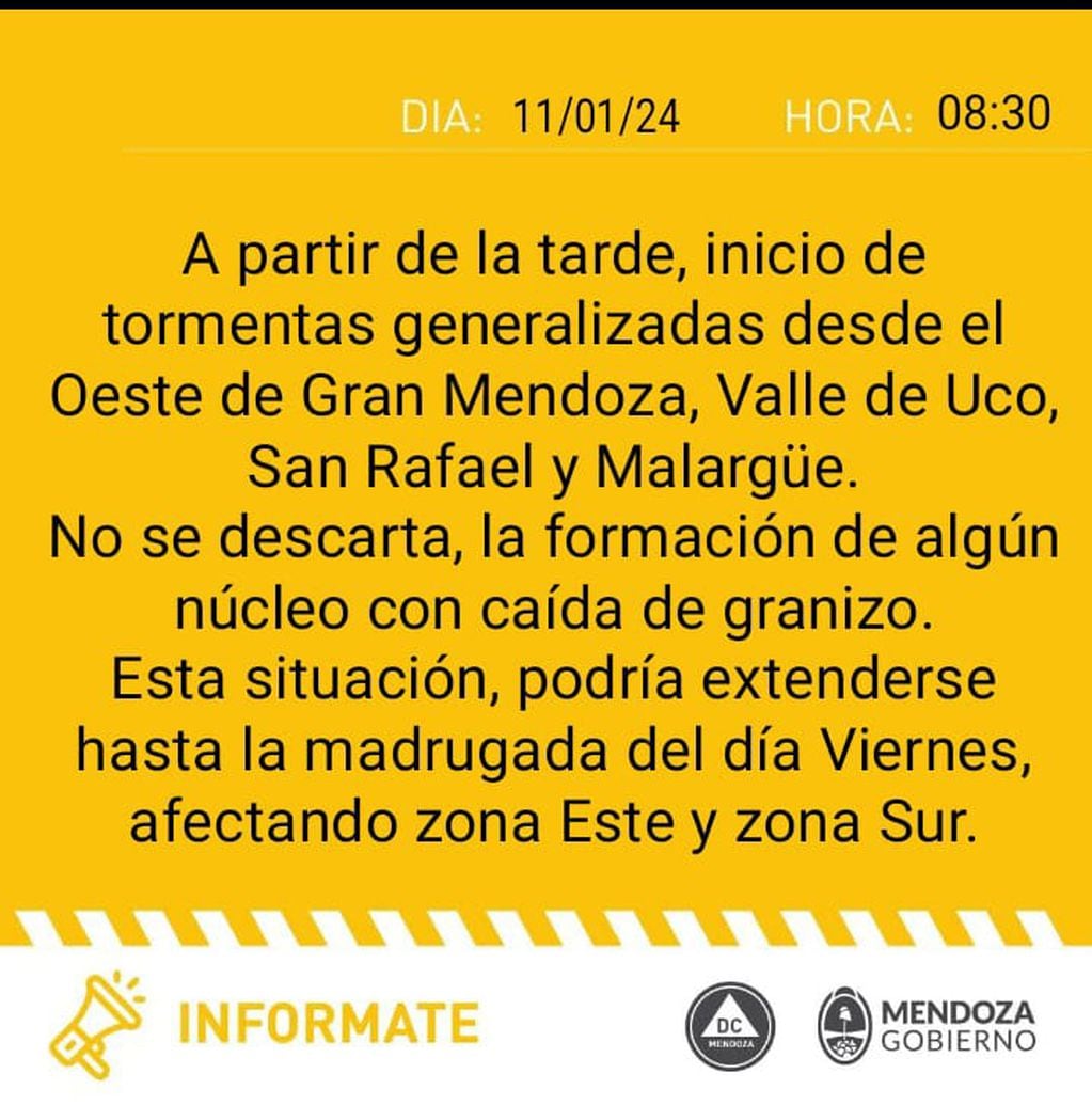 Alerta amarilla por tormentas generalizadas en Mendoza (Defensa Civil)