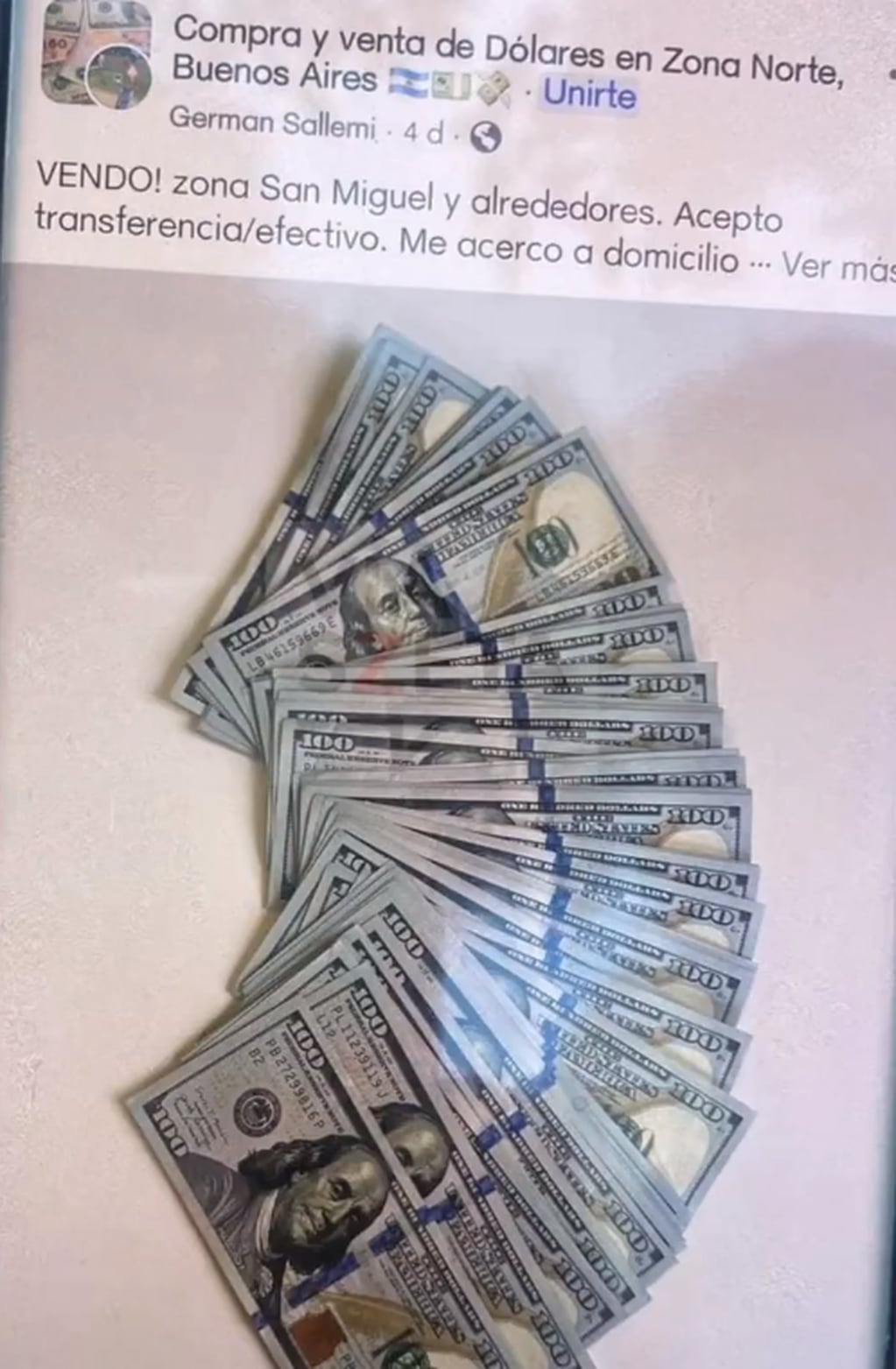 Uno de los posteos de la víctima en las redes, donde ofrecía dólares. Foto: Clarín