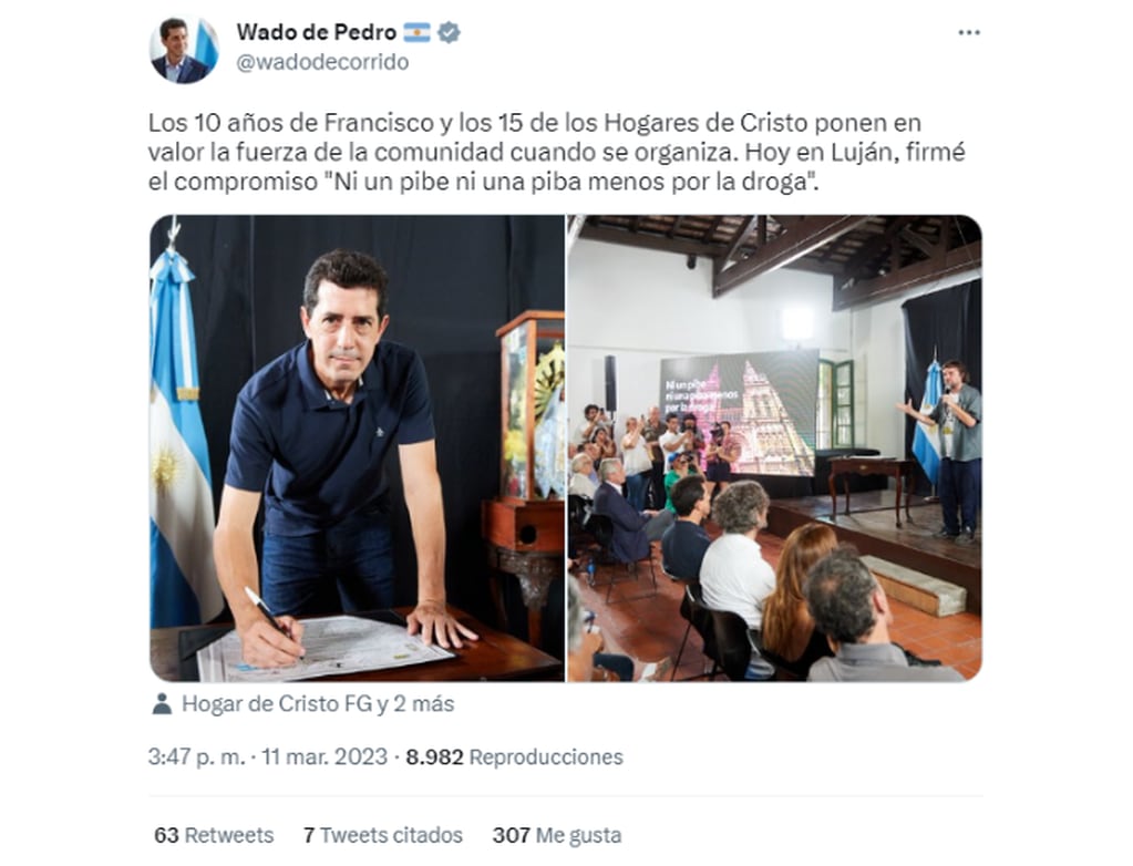 Tweet de Edaurdo "Wado" de Pedro, Ministro de Interior y Justicia de la Nación. Foto: Twitter.