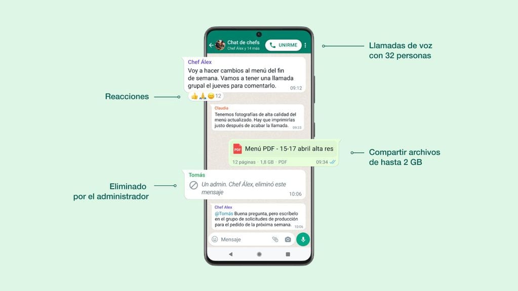 WhatsApp presentó reacciones, llamadas de voz con 32 personas, envío de archivos de hasta 2GB y eliminación de mensajes para los administradores de grupos
