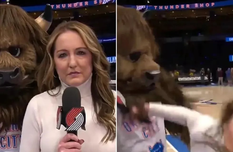 La reportera se quedó sin palabras al ver a la mascota de los Oklahoma City Thunder. Foto: Captura de Video