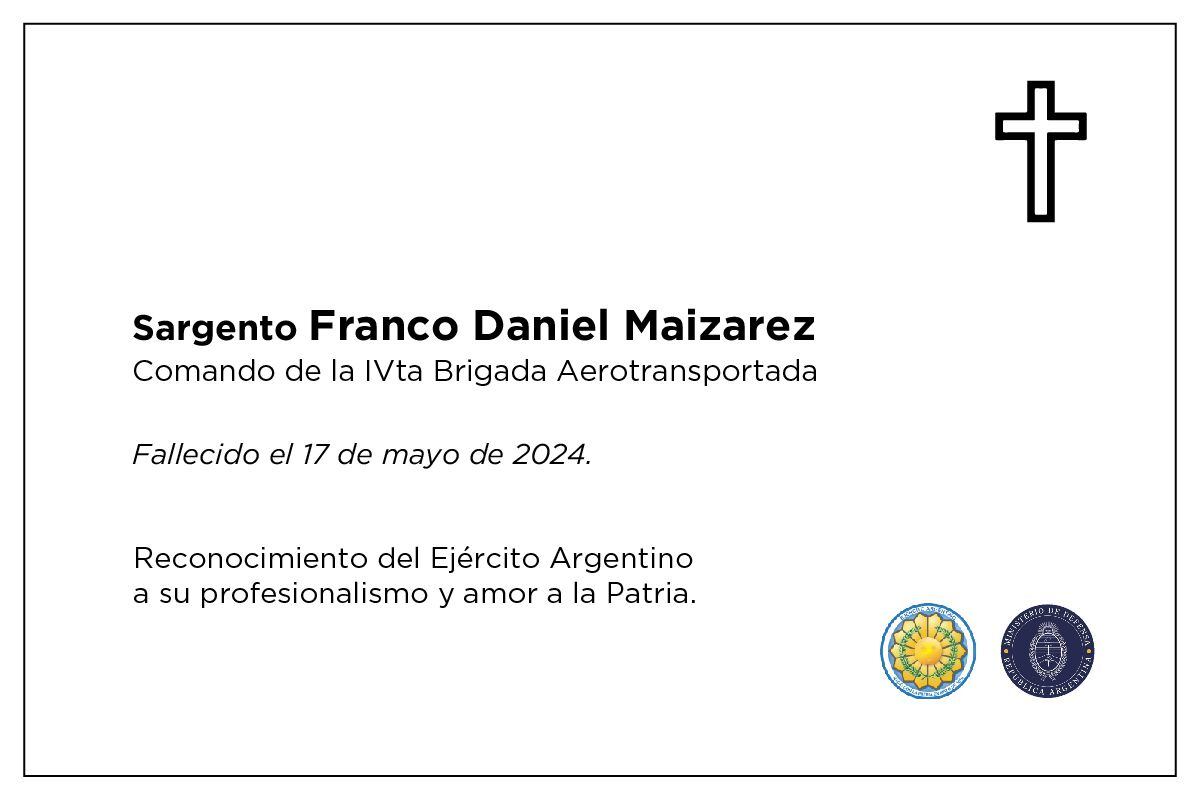 Fallecimiento del sargento Franco Daniel Maizarez, del Comando de la IVta Brigada Aerotransportada.