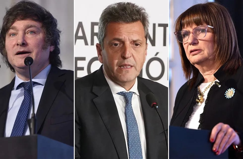 Javier Milei, Patricia Bullrich y Sergio Massa, principales candidatos a la presidencia argentina.