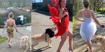 Clare Meardon, su mascota y sus exóticos trajes se hicieron virales en las redes sociales.