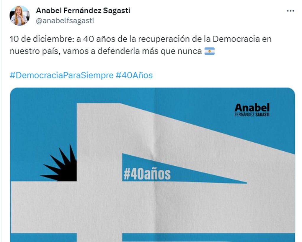 La senadora nacional Anabel Fernández Sagasti expresó en las redes un mensaje por los 40 años de democracia.