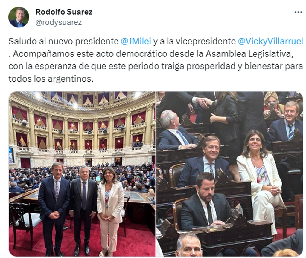 El senador nacional Rodolfo Suárez participó del acto de asunción de Milei.