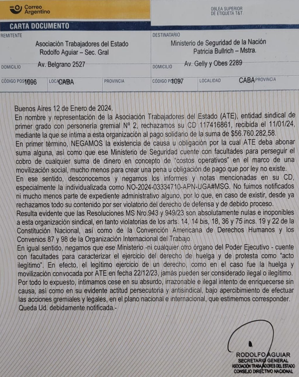 Carta documento de Rodolfo Aguiar -secretario general de ATE Nacional- al Ministerio de Seguridad, a cargo de Patricia Bullrich. Foto: Rodolfo Aguiar en X.