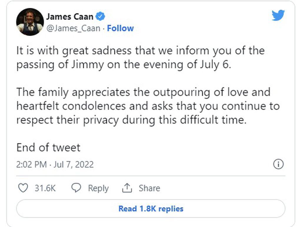 Murió James Caan: así lo confirmaba la familia en Twitter