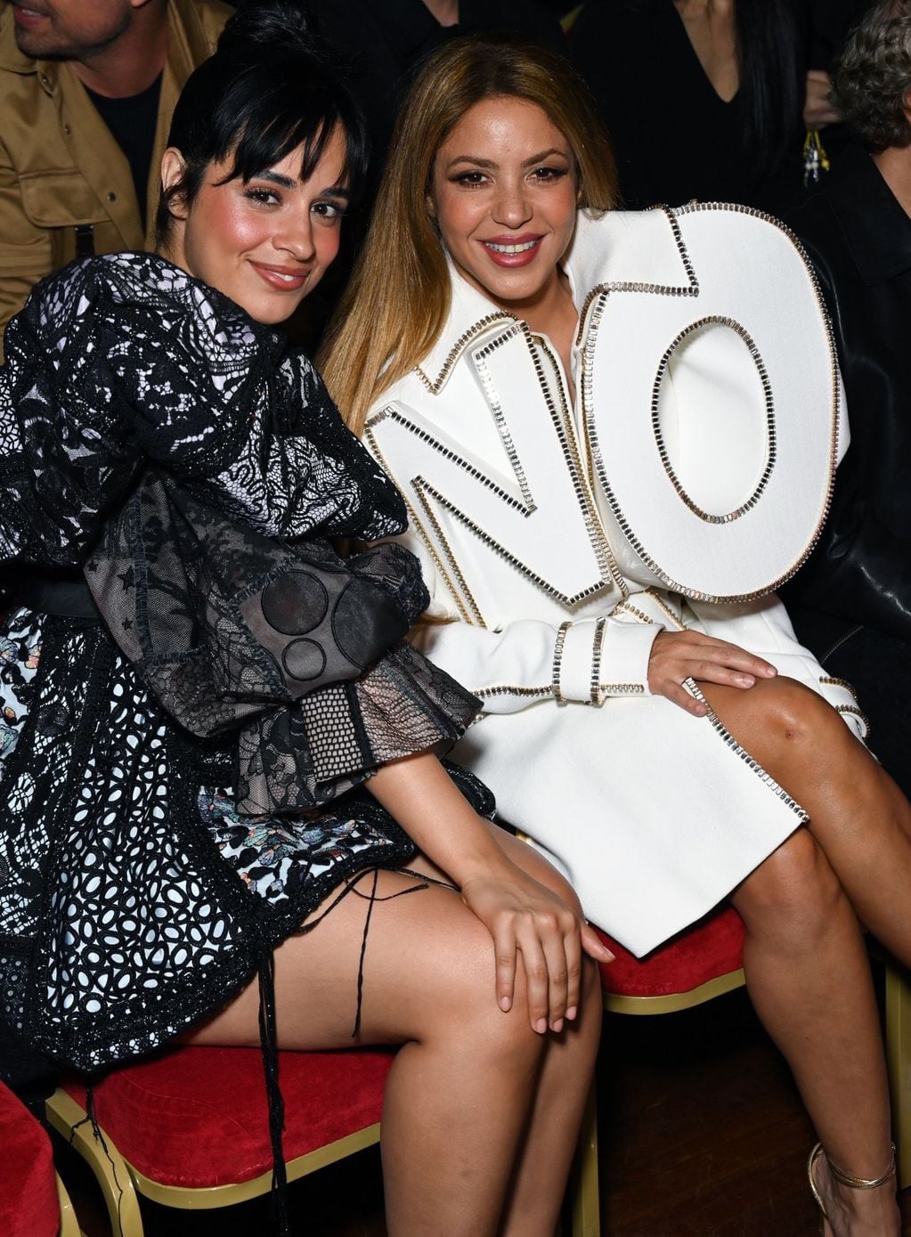 Shakira se puso un vestido con la palabra "NO" y generó una ola de memes. En la foto la acompaña Camila Cabello.