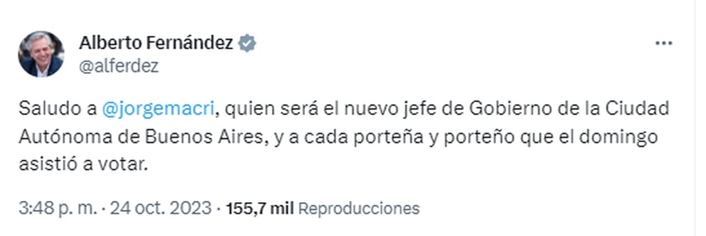 El Presidente le envió un mensaje a Jorge Macri - X Alberto Fernández