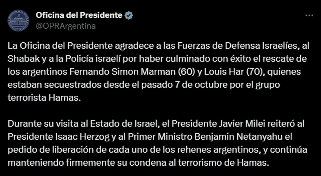 Desde la cuenta de la oficina del Presidente, el Gobierno agradeció a Israel por el rescate de los argentinos secuestrados por Hamás. Foto: Caputra.