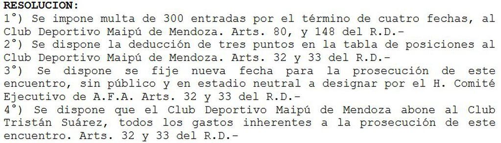 La AFA decidió quitarle tres puntos al Deportivo Maipú.
