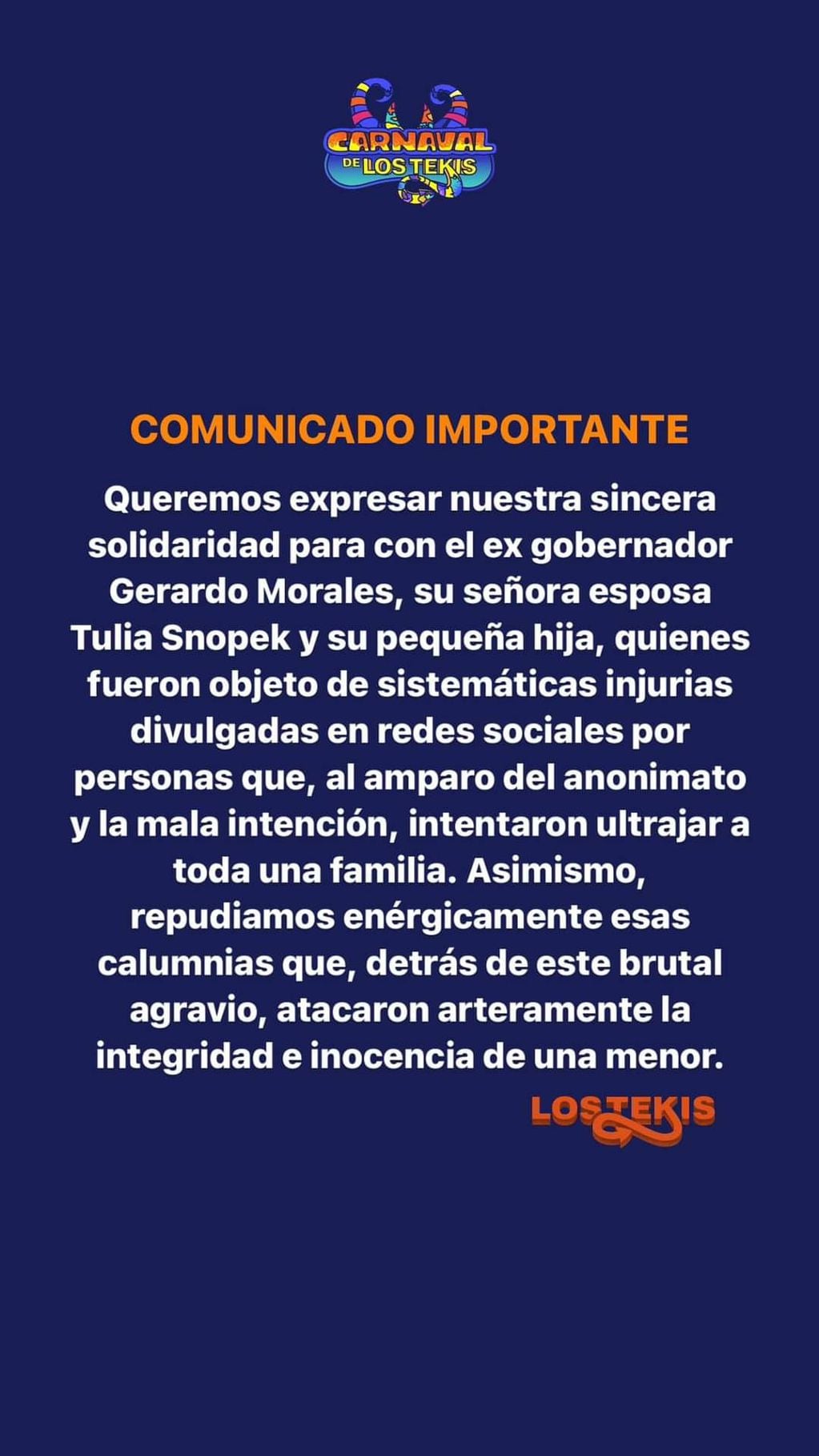 Comunicado oficial de Los Tekis por el falso rumor con la esposa de Gerardo Morales (IG)