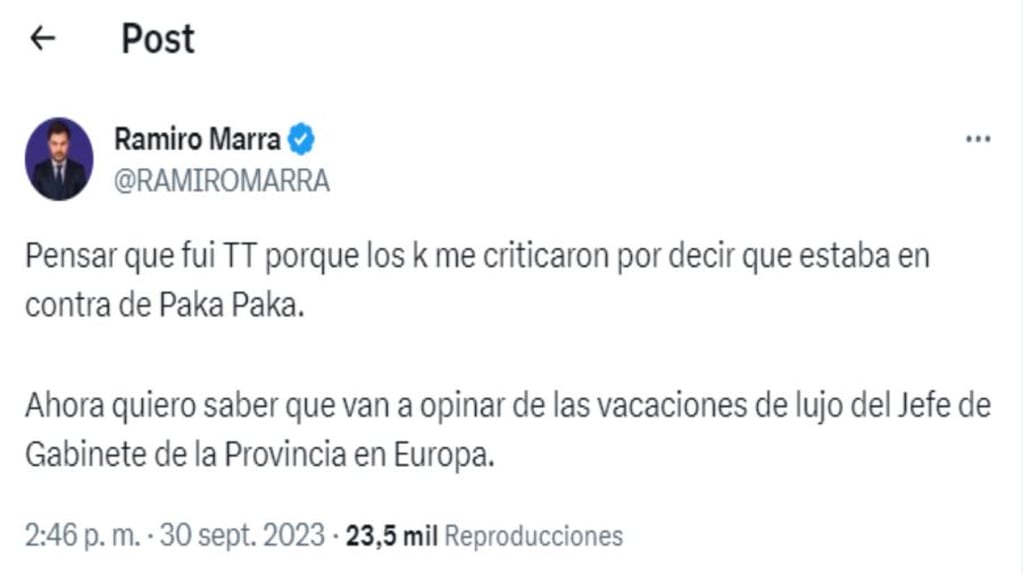 Ahora quiero saber que van a opinar de las vacaciones de lujo del Jefe de Gabinete de la Provincia en Europa", lanzó Ramiro Marra. Gentileza: X @RamiroMarra.