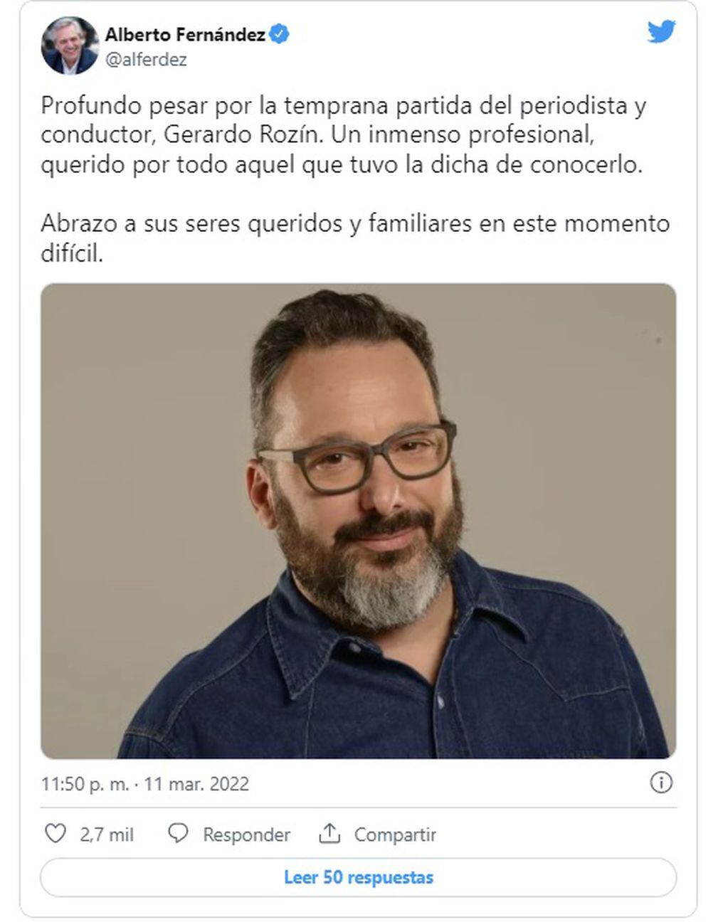 La despedida de Alberto Fernández a Gerardo Rozín (Twitter)