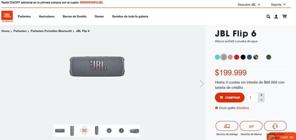 En la página oficial de JBL en Argentina, el precio del parlante es de casi $200 mil.